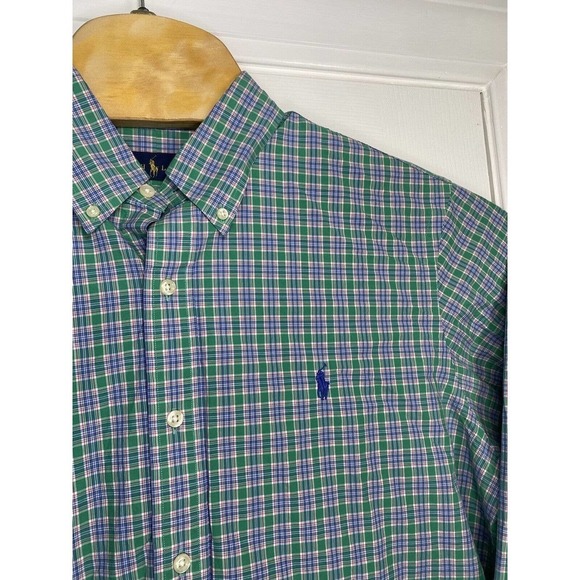 Ralph Lauren Mens Long Sleeve Button Front‎ Shirt Green Plaid Large Cotton Flaw - Picture 3 of 8
